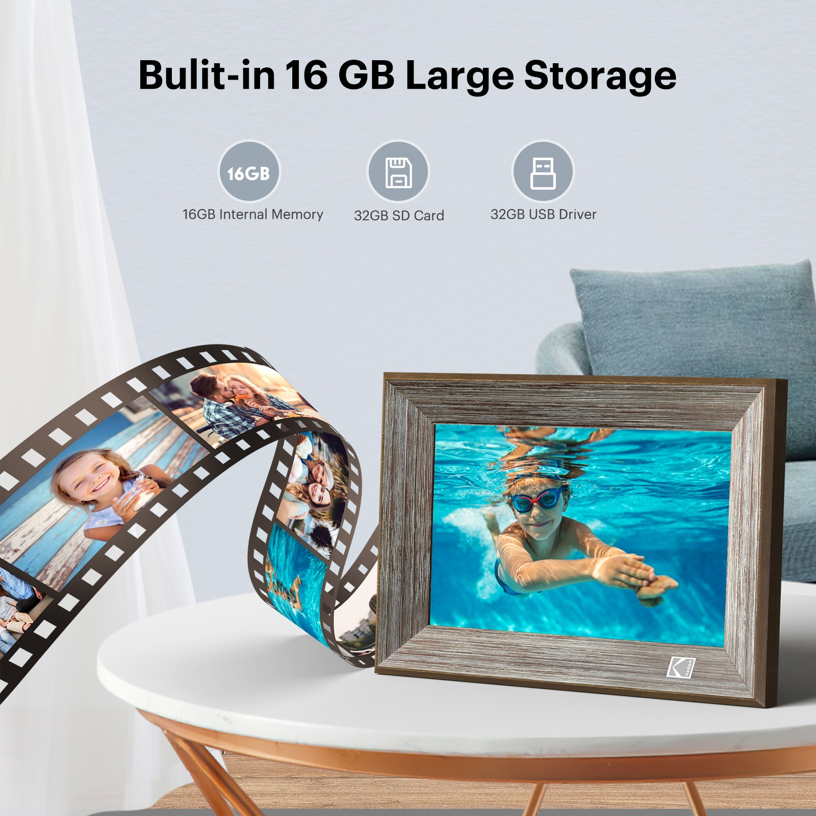 Kodak RCF-1013W 10” Wi-Fi Classic Digital Photo Wooden Frame